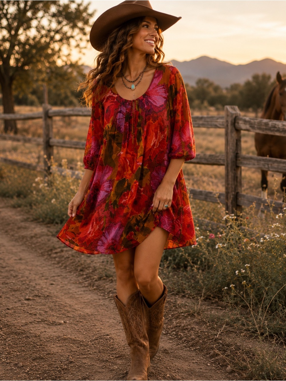Vintage Newport News Red Floral Long-Sleeve Shift Dress